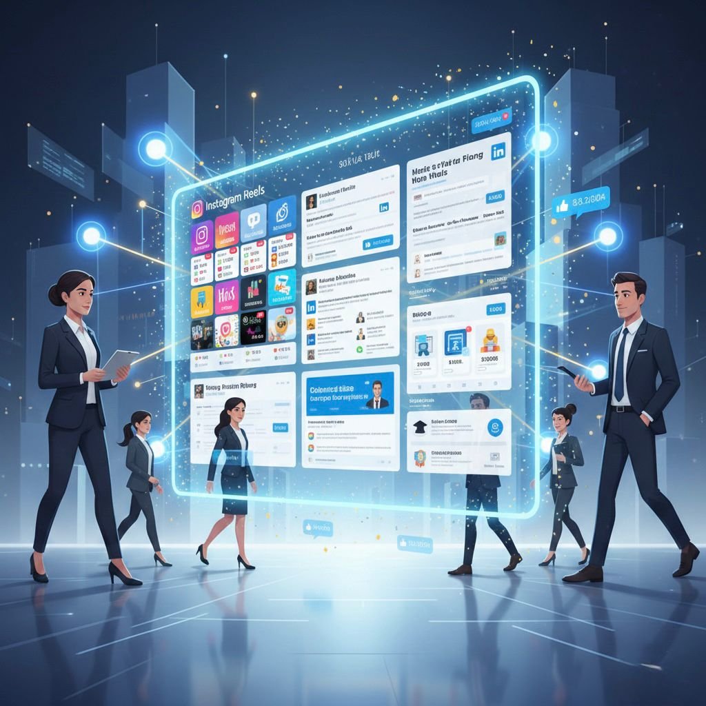 Digital marketing content like Instagram Reels, website, and LinkedIn attracting professionals through a connected network