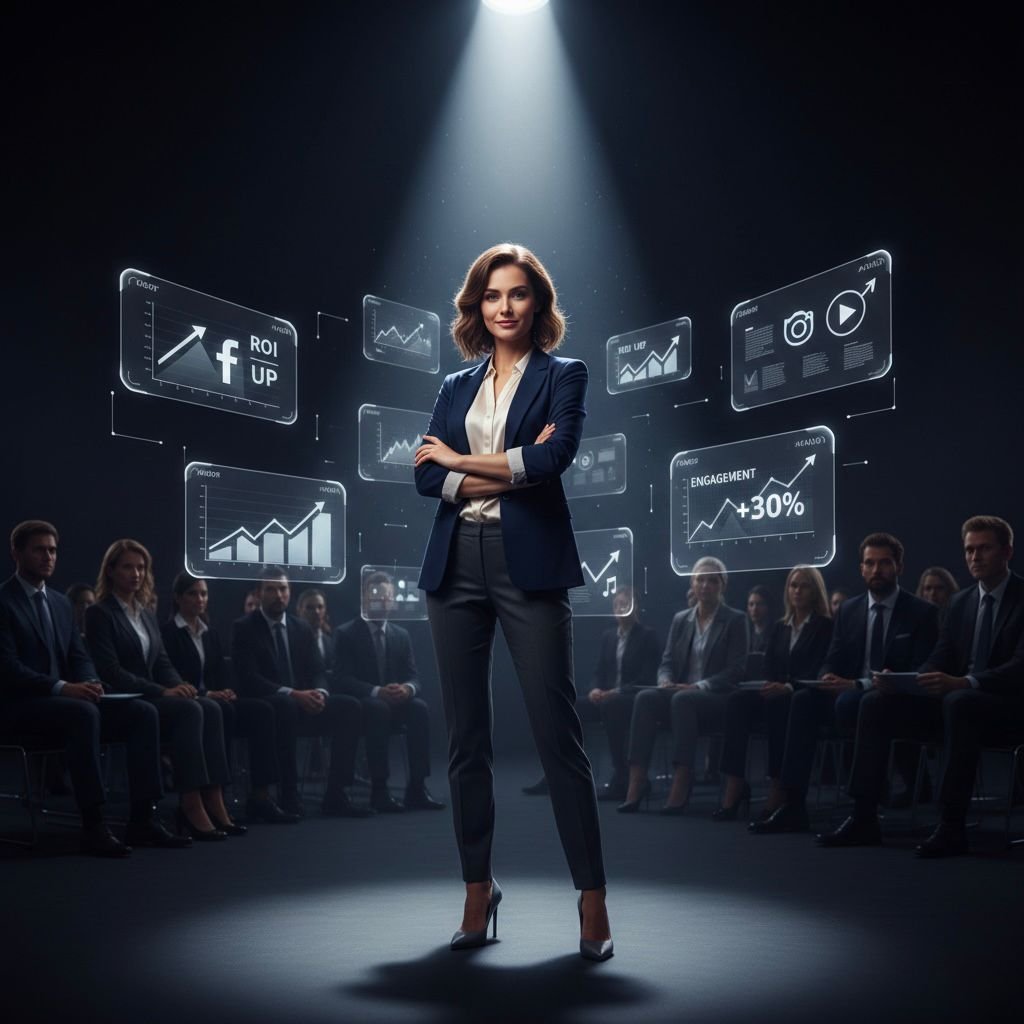 A businesswoman standing under a spotlight with digital marketing charts and an audience around her